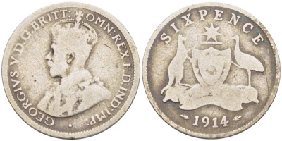 Австралия 6 пенсов 1914 L, Георг V (1910-1936), герб Австралии KM 25 серебро 3955-1264