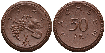 Саксония 50 пфеннигов 1921 виноград и лопата J. N 54 фарфор UNC 1094-8-61