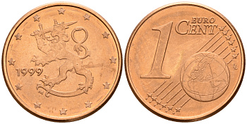 Финляндия 1 евроцент 1999  KM 98 сталь плакированная медью  UNC  4189-212
