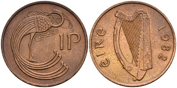 Ирландия 1 пенни 1982 мифологическая птица лира KM 20 бронза 4141-235