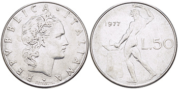 ИТАЛИЯ 50 ЛИР 1977 R, КУЗНЕЦ KM 95.1 нержавеющая сталь 89-714