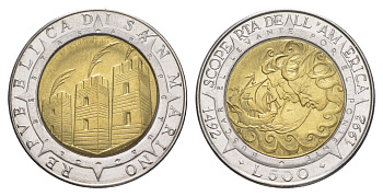 Сан-Марино 500 лир 1992 500 лет открытию Америки KM 286 биметалл UNC 4648-345