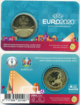 Бельгия 2 1/2 евро 2021 Чемпионат Европы по футболу UEFA EURO 2020, в оригинальном блистере KM 422 латунь BU 5-6-3-18