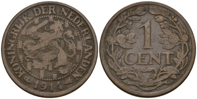 Нидерланды 1 цент 1914  KM 152 бронза    4598-1247