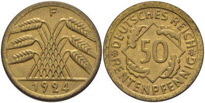 Германия 50 рентенпфеннигов 1924 F J. 310, KM 34 алюминиевая бронза UNC 1076-6-31