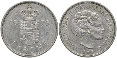 ДАНИЯ 1 КРОНА 1976 S;B, МАРГАРЕТЕ II (1972-) KM 862.1 медно-никель 113-912