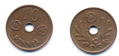 ФИНЛЯНДИЯ 10 ПЕННИ 1942 KM 33.1 медь 51-5013