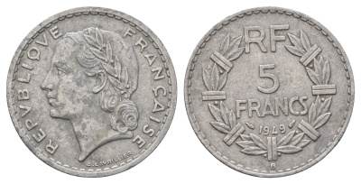 Франция 5 франков 1949 B KM 888b.2, Le Franc 339.19 алюминий 4634-731