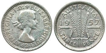 Австралия 3 пенса 1957 m, Елизавета II (1953-) KM 57 серебро 71-529