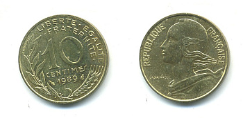 Франция 10 сантимов 1989 тип Marianne KM 929, le Franc 144.29 алюминиевая бронза 84-1638
