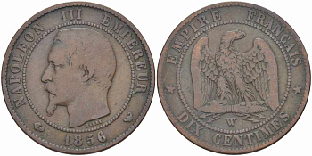 ФРАНЦИЯ 10 САНТИМОВ 1856 W, НАПОЛЕОН III (1852-1870) KM 771.7, LE FRANC 133.38 бронза 38-1226