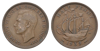Великобритания 1/2 пенни 1939 Георг VI (1936-1952) KM 844, Spink 4115 бронза 4662-1047