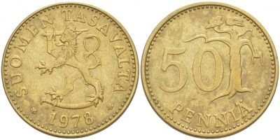 ФИНЛЯНДИЯ 50 ПЕННИ 1978 K KM 48 алюминиевая бронза 212-1115