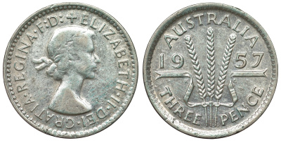 Австралия 3 пенса 1957 m, Елизавета II (1953-) KM 57 серебро 71-529