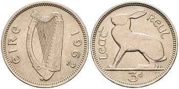Ирландия 3 пенса 1962 заяц KM 12а медно-никель XF-UNC 4580-927