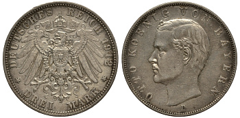 Бавария 3 марки 1912 Отто (1886-1913) Weege 45, J. 47, KM 515 серебро 3711-2112