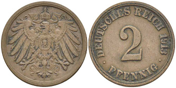 Германия 2 пфеннига 1913 A KM 16, J. 11, Weege 4 медь 212-421