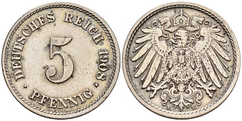 Германия 5 пфеннигов 1908 A KM 11, Jager 12, Weege 6 медно-никель 4151-466