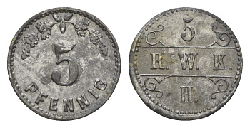 Лендрингзен 5 пфеннигов ND R.W.K.H Men05 14922.3, Men18 18722.3 цинк 1528-733