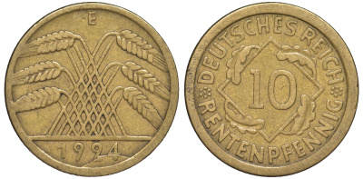 Германия 10 рентенпфеннигов 1924 E, брак чекана, разрушение штемпеля KM 33, J. 309 алюминиевая бронза 4604-633