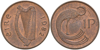 Ирландия 1 пенни 1982 мифологическая птица лира KM 20 бронза 4146-427