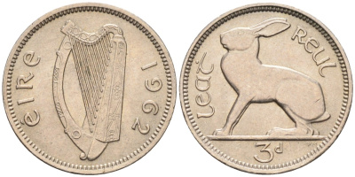 Ирландия 3 пенса 1962 заяц KM 12а медно-никель XF-UNC 4580-927