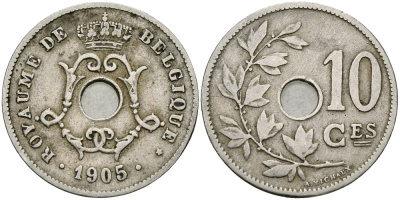 БЕЛЬГИЯ 10 САНТИМОВ 1905 BELGIQUE KM 52 медно-никель 540-249