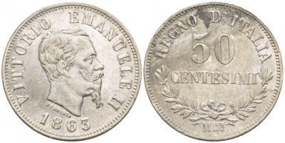 Италия 50 чентезимо 1863 N, Виктор Эммануил II (1861-1878) KM 14.2 серебро 4547-964