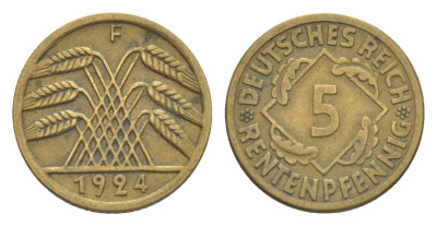 Германия 5 рентенпфеннигов 1924 F KM 32, J. 308 алюминиевая бронза 4644-1129