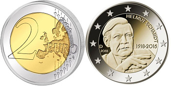 ФРГ 2 евро 2018 D, 100 лет со дня рождения Гельмута Шмидта KM 101 биметалл UNC M28-10