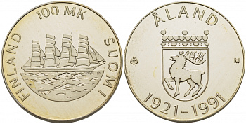 Финляндия 100 марок 1991 70 лет автономии Аландских островов, парусник KM 70 серебро PROOF 01-149-33