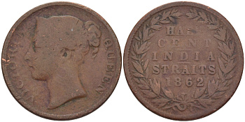 Стрейтс-Сетлментс 1/2 цента 1862 Виктория (1837-1901) KM 5 медь 28-536