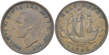 Великобритания 1/2 пенни 1945 Георг VI (1936-1952) KM 844, Spink 4115 бронза    4603-1026