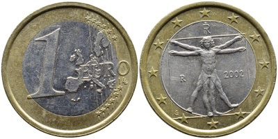 Италия 1 евро 2002 Витрувианский человек KM 216 биметалл 4391-133