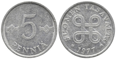 ФИНЛЯНДИЯ 5 ПЕННИ 1977 KM 45а алюминий 100-1266