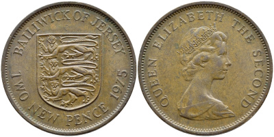 Джерси 2 пенса 1975 герб, Елизавета II (1952-2022) KM 31 бронза 4395-314
