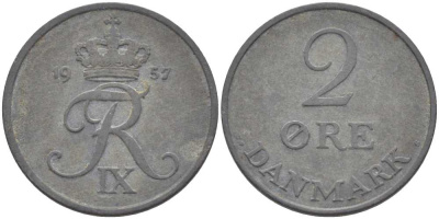 Дания 2 эре 1957 C; S, Фредерик IX (1947-1972) KM 840.2 цинк 67-251