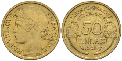 ФРАНЦИЯ 50 САНТИМОВ 1941 ТИП MORLON KM 894.1, LE FRANC 192.18 алюминиевая бронза 44-645
