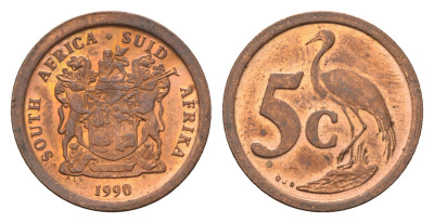 ЮАР 5 центов 1990 герб, райский журавль KM 134 сталь плакированная медью UNC 4687-144
