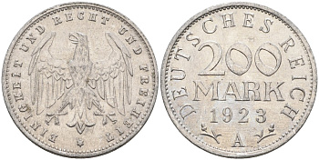 Германия 200 марок 1923 A KM 35, J. 304, Weege 22 алюминий UNC 4586-233