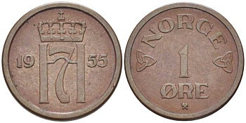 НОРВЕГИЯ 1 ЭРЕ 1955 ХОКОН VII (1905-1957) KM 398 бронза 116-1063