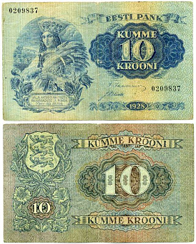 ЭСТОНИЯ 10 КРОН 1928 Pick 63а бумага 6262-15-2-1