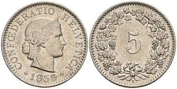 Швейцария 5 раппенов 1959 B KM 26 медно-никель 4608-448