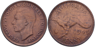 Австралия 1 пенни 1943 p, Георг VI (1936-1952), кенгуру, без буквы I KM 36 бронза 82-742