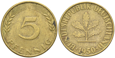ФРГ 5 пфеннигов 1950 G KM 107, J.382 сталь плакированная латунью 4174-749