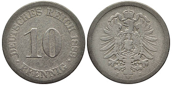 ГЕРМАНИЯ 10 ПФЕННИГОВ 1889 J, СТАРОГЕРБОВКА KM 4, Jager 4, Weege 7 медно-никель 4543-816