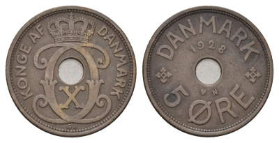 Дания 5 эре 1928 N, Кристиан X (1912-1947) KM 828 бронза 4700-824