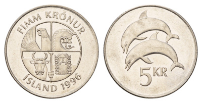 Исландия 5 крон 1996 дельфины KM 28a сталь плакированная никелем UNC 4586-253
