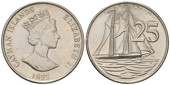 Каймановы острова 25 центов 1992 KM 90a сталь плакированная никелем aUNC 4620-113
