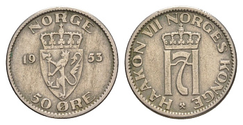 Норвегия 50 эре 1953 Хокон VII (1905-1957) KM 402 медно-никель 4635-416